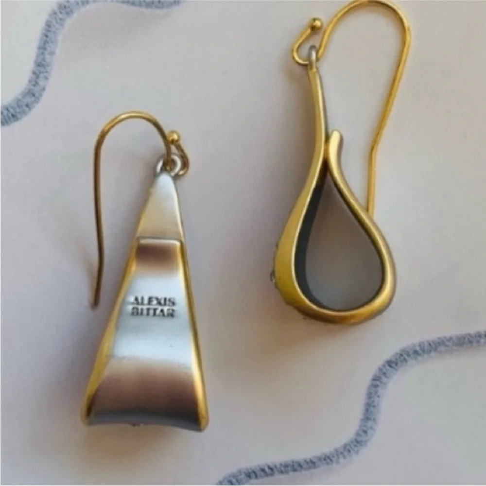 ALEXIS BITTAR • Ribbon Curl Bow Crystal Dusted Matte Silver Gold Drop Earrings
